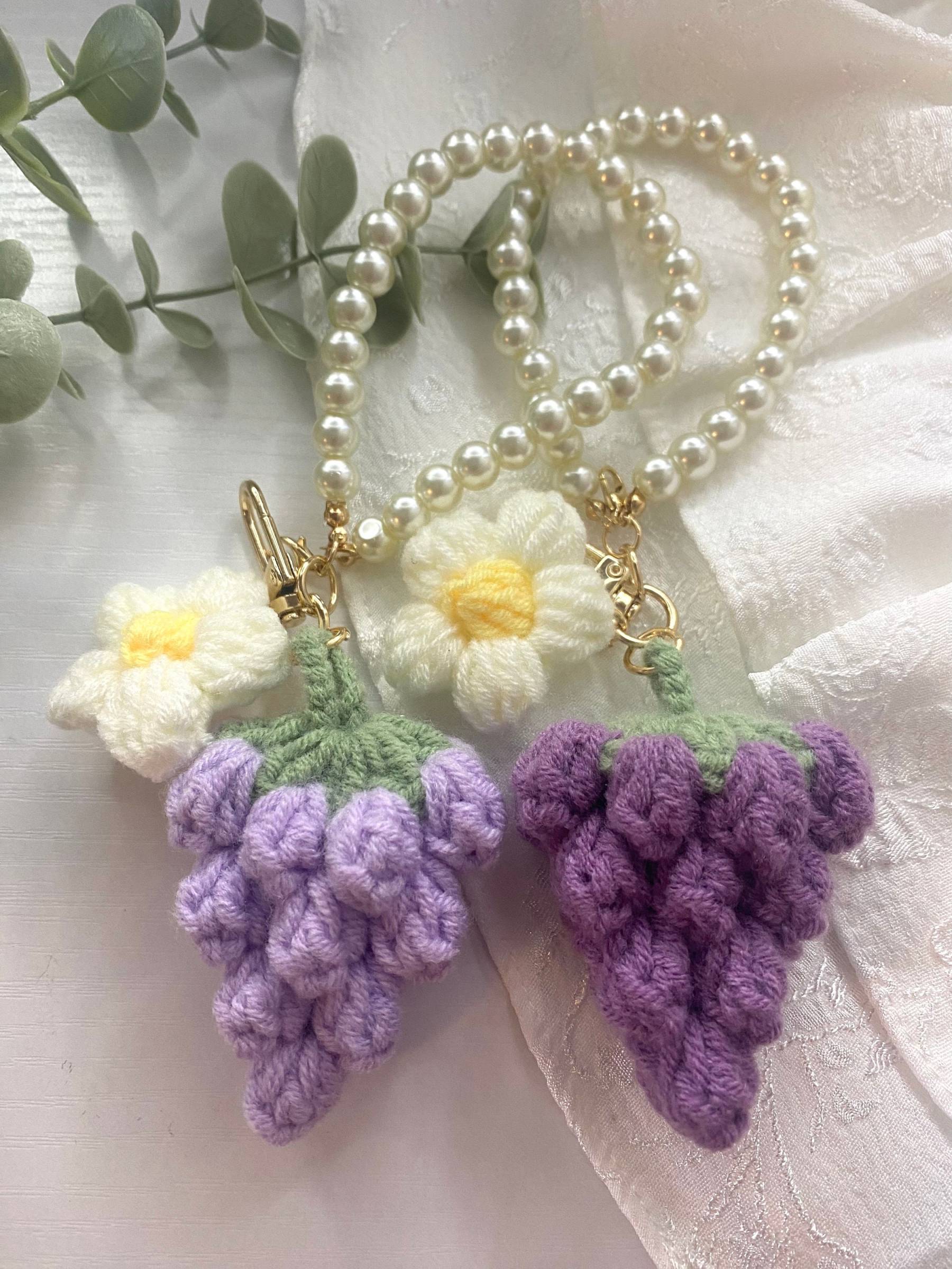 Handmade Crochet Keychain - Fruit and Flower Keychain - Bag Accessory - Grape, Flower and Pearl Chain Key Lanyard - Crochet Gift