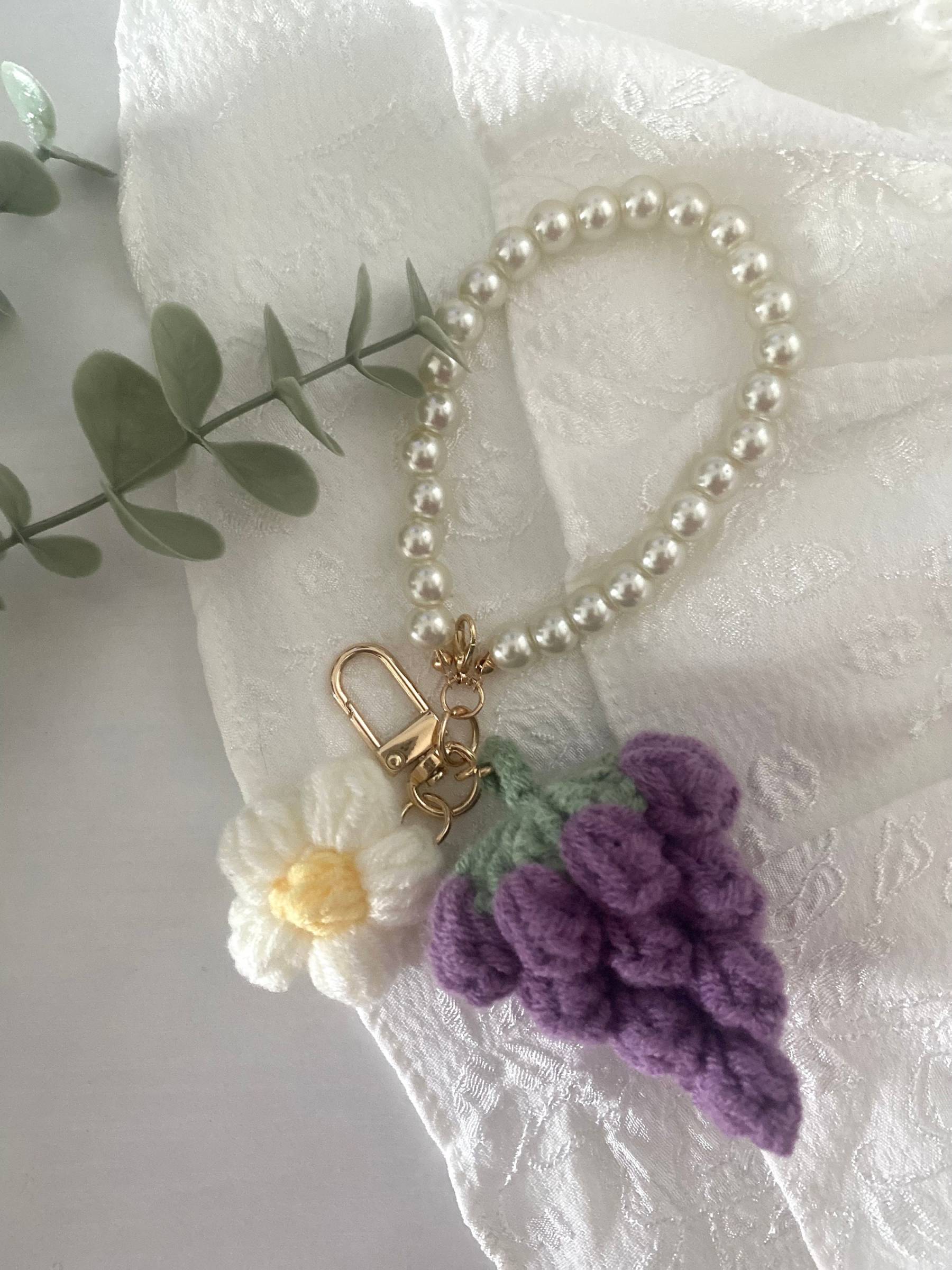 Handmade Crochet Keychain - Fruit and Flower Keychain - Bag Accessory - Grape, Flower and Pearl Chain Key Lanyard - Crochet Gift