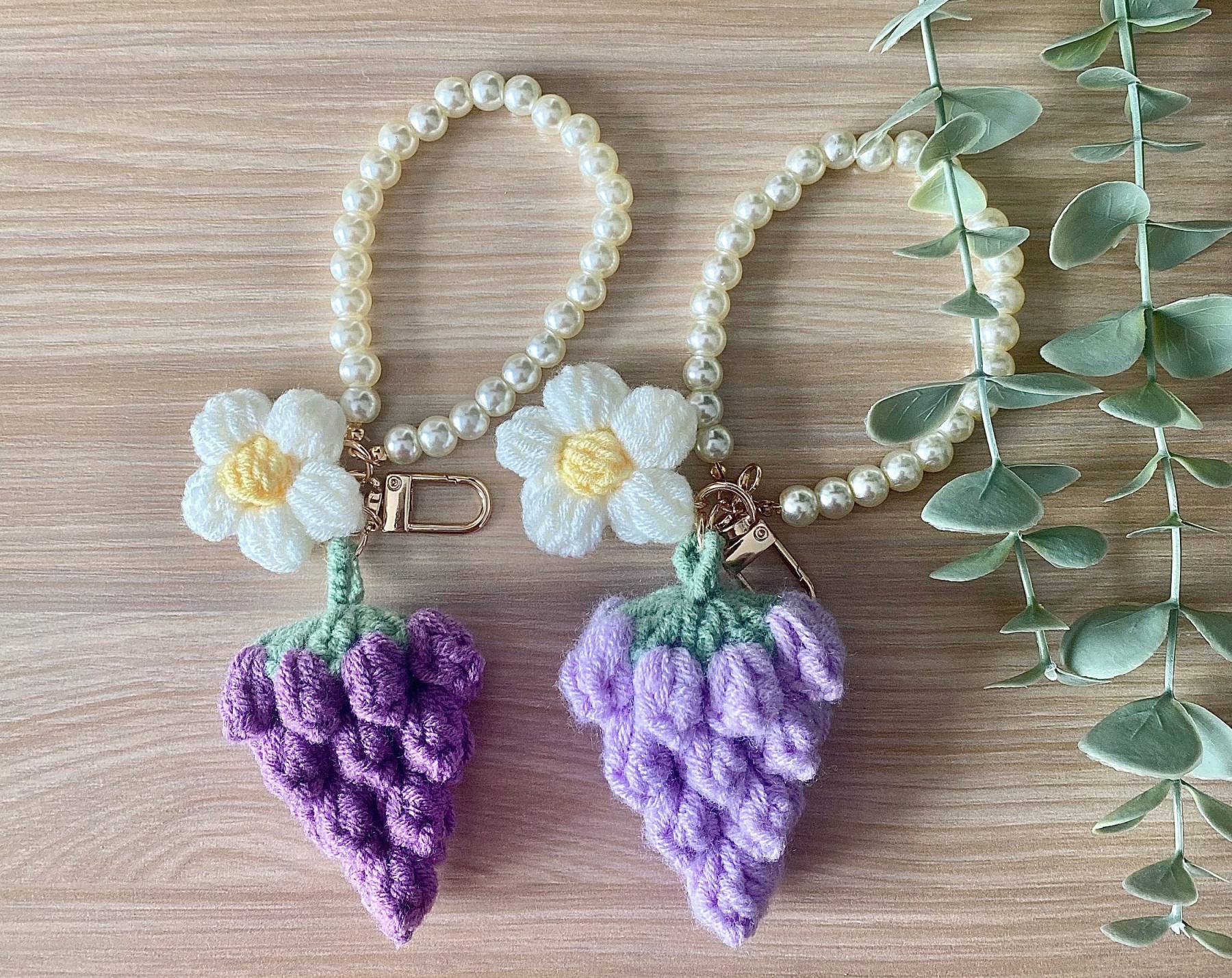 Handmade Crochet Keychain - Fruit and Flower Keychain - Bag Accessory - Grape, Flower and Pearl Chain Key Lanyard - Crochet Gift