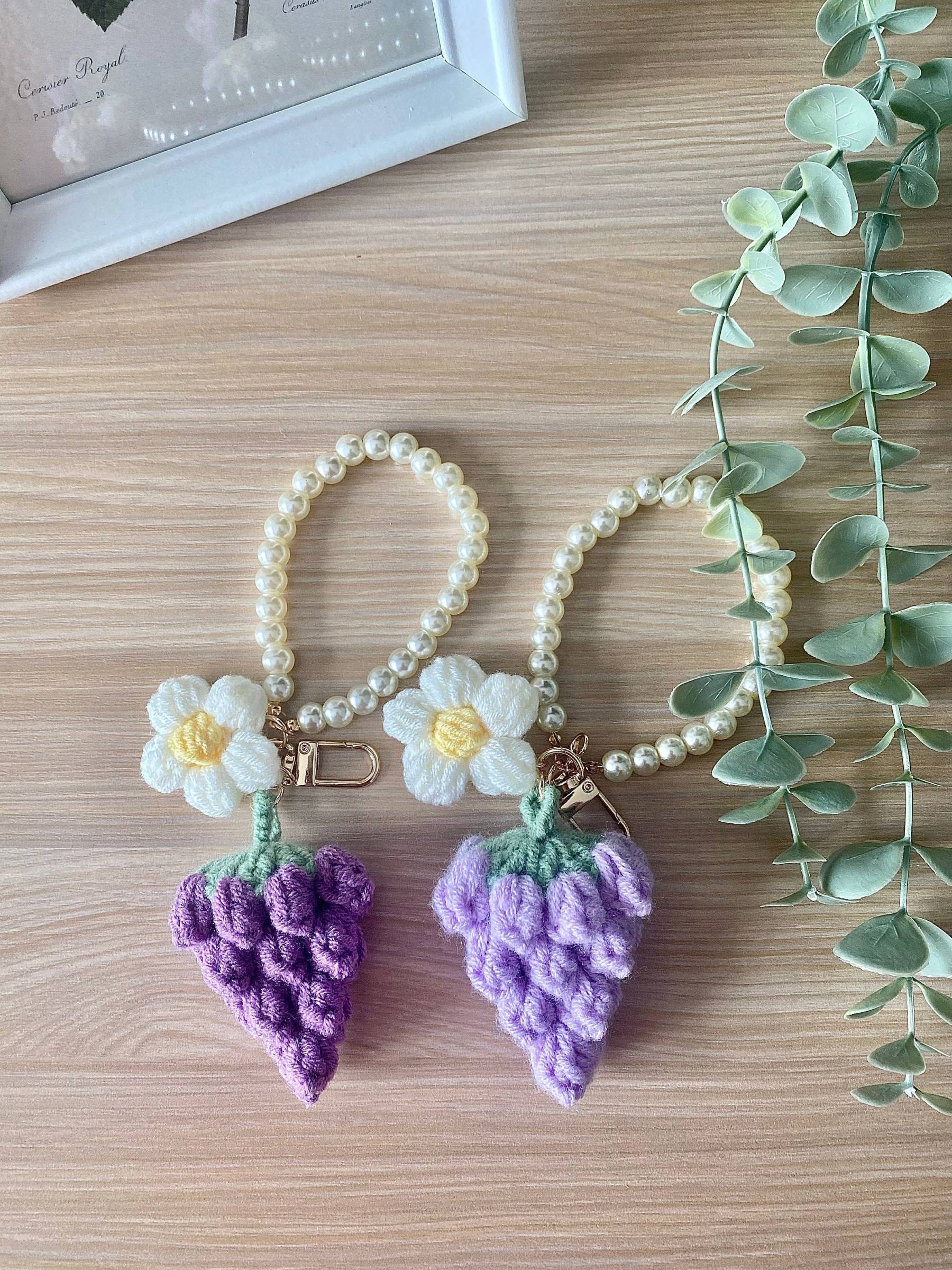 Handmade Crochet Keychain - Fruit and Flower Keychain - Bag Accessory - Grape, Flower and Pearl Chain Key Lanyard - Crochet Gift
