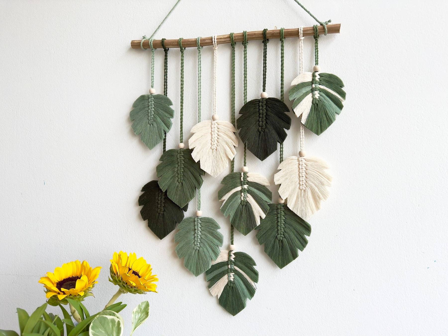 Green Monstera Leaves Wall Hanging, Variegated Leaf, Boho Headboard Decor