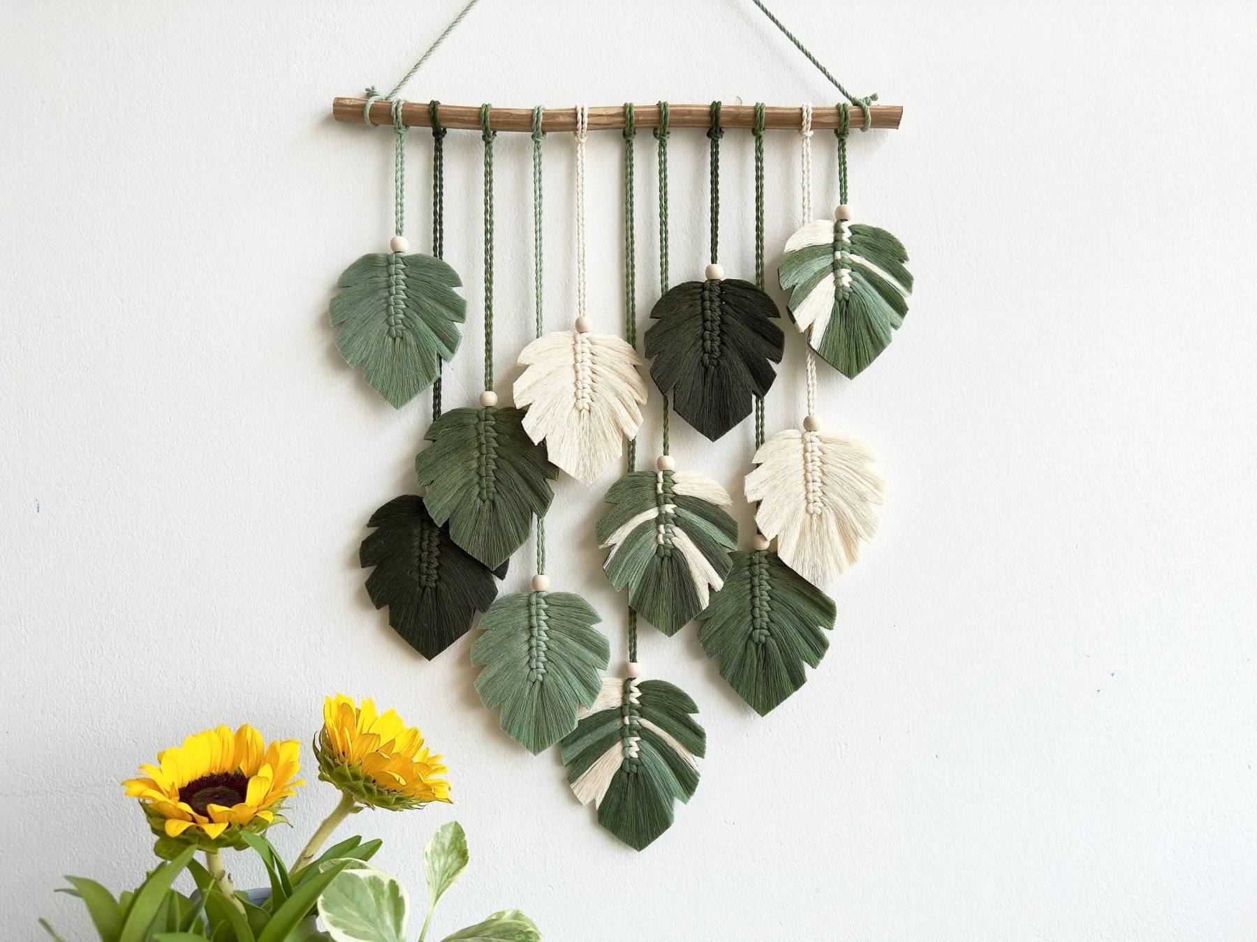 Green Monstera Leaves Wall Hanging, Variegated Leaf, Boho Headboard De