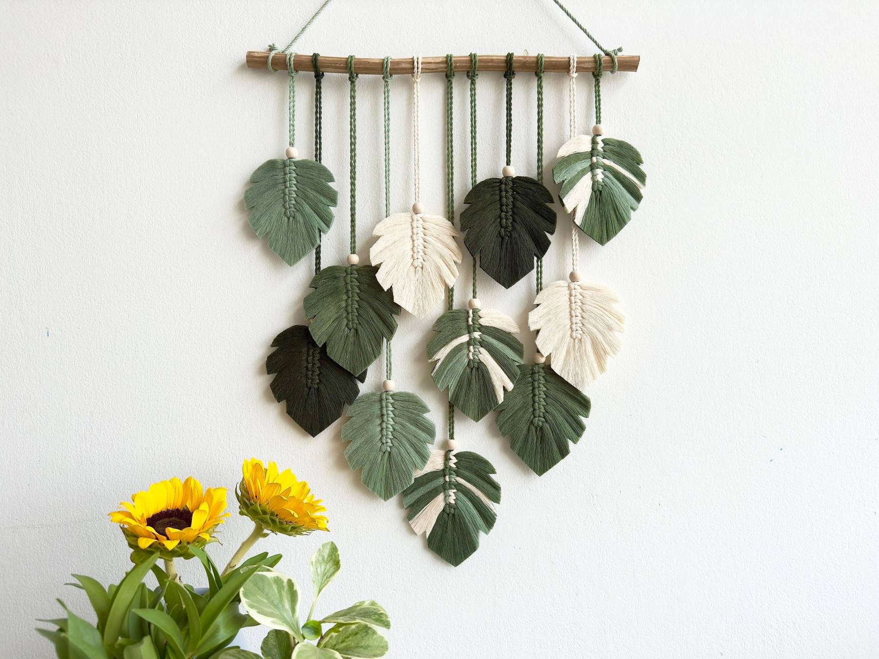 Green Monstera Leaves Wall Hanging, Variegated Leaf, Boho Headboard Decor