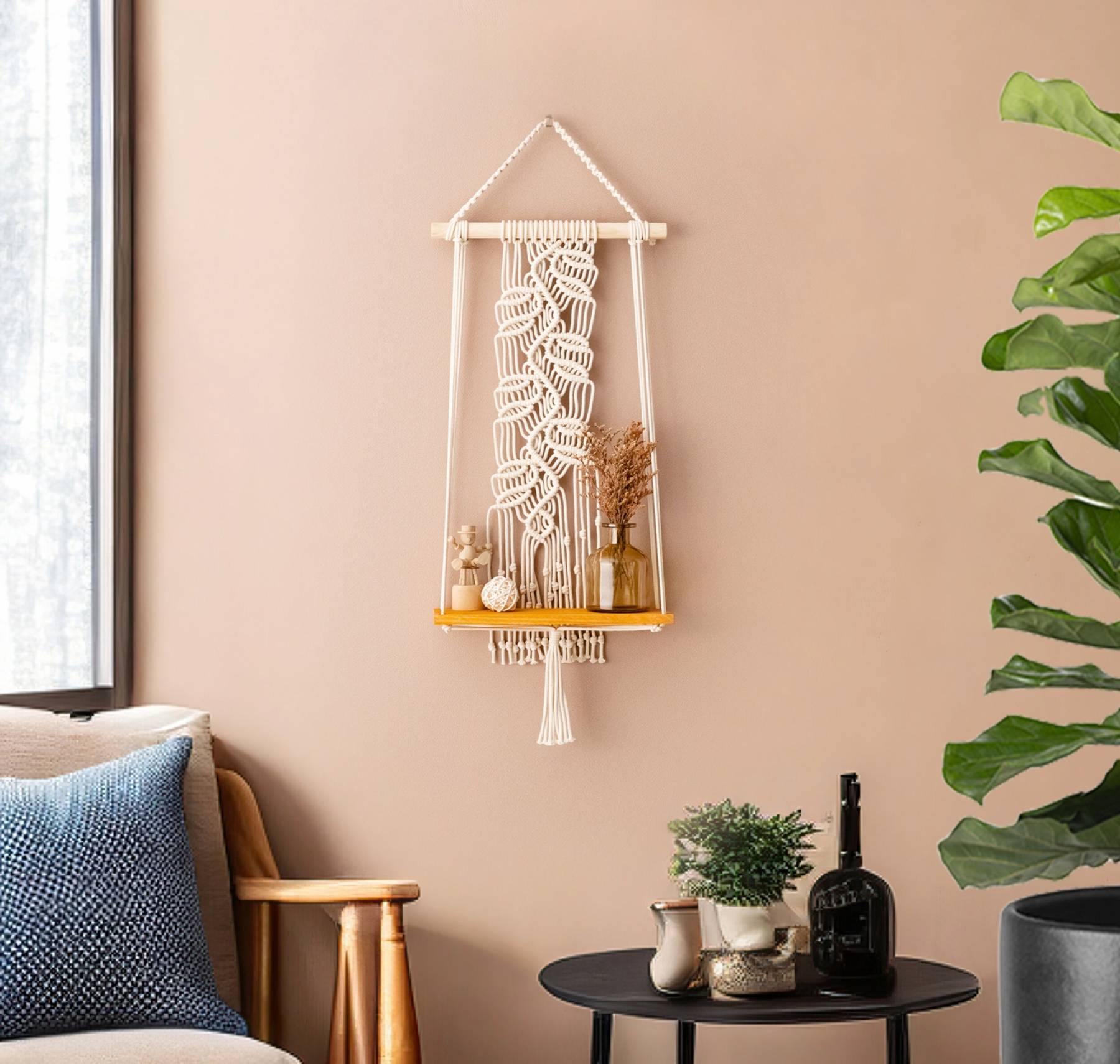 Boho Macrame Hanging Shelf for Modern Decor