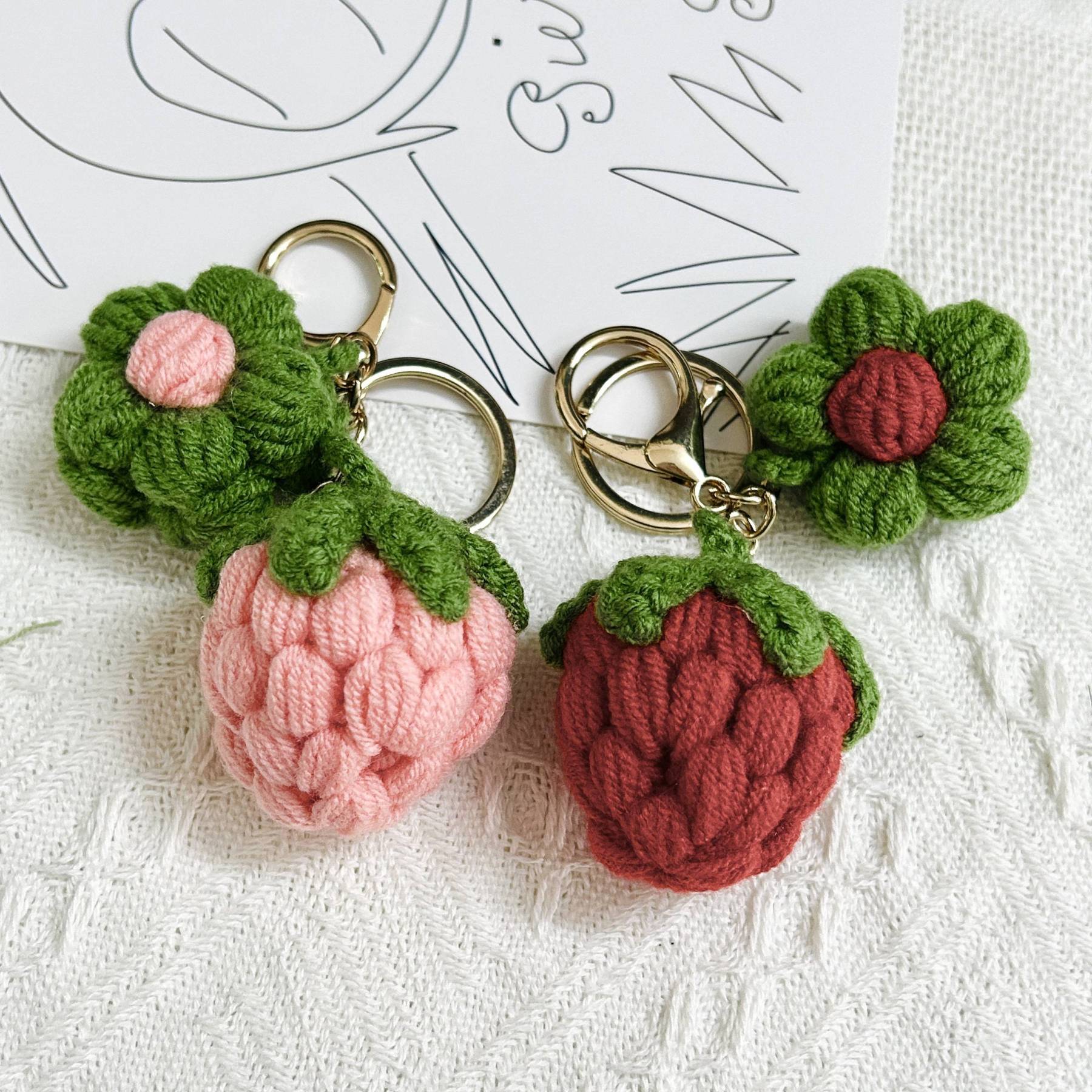 Knitted strawberry keychain handmade keychain personalized gift gift for him bag pendant