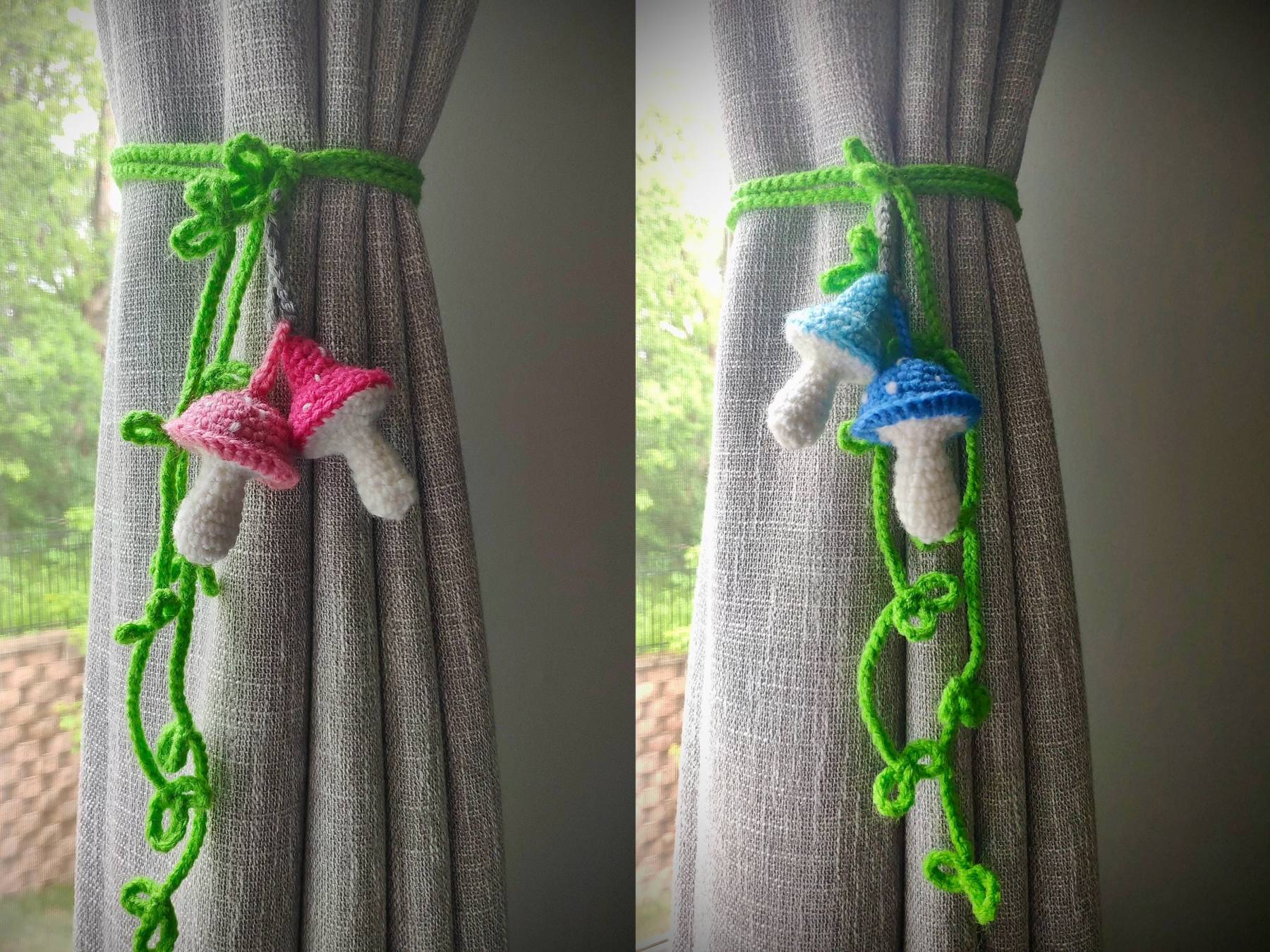 Crochet curtain tie back handmade mushroom curtain hold back crochet colorful mushrooms