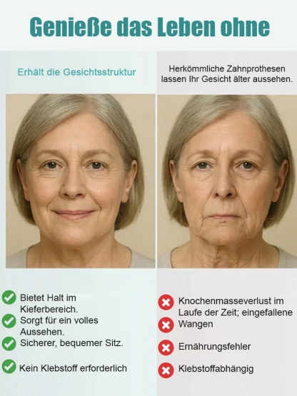 Vollständige, verstellbare Zahnprothese für ein selbstsicheres Lächeln 😁 Sparen Sie Tausende von Euro für Implantate. Sichern Sie sich unser zeitlich begrenztes Angebot!