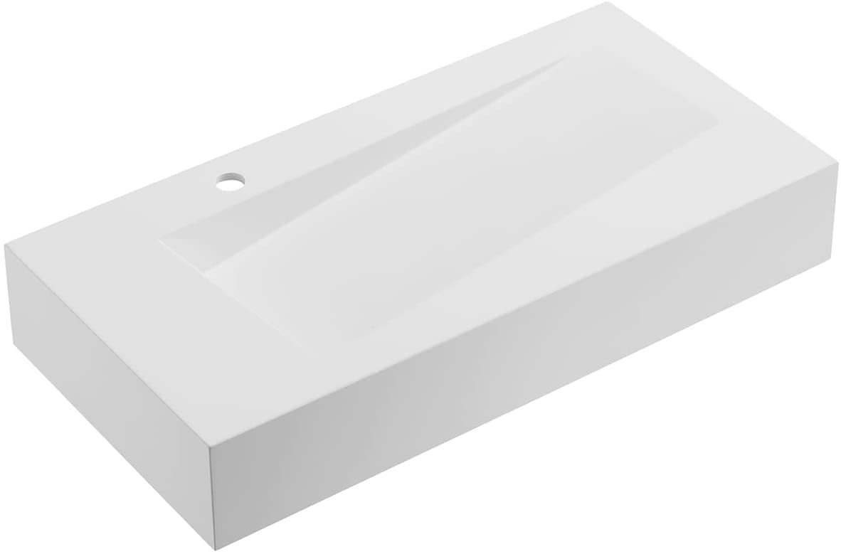 Serene Valley Floating or Countertop Bathroom Sink, Unique Diamond Sink with Hidden Drain, 36" Solid Surface Material in Matte White, SVWS610-36WH-Serene Valley