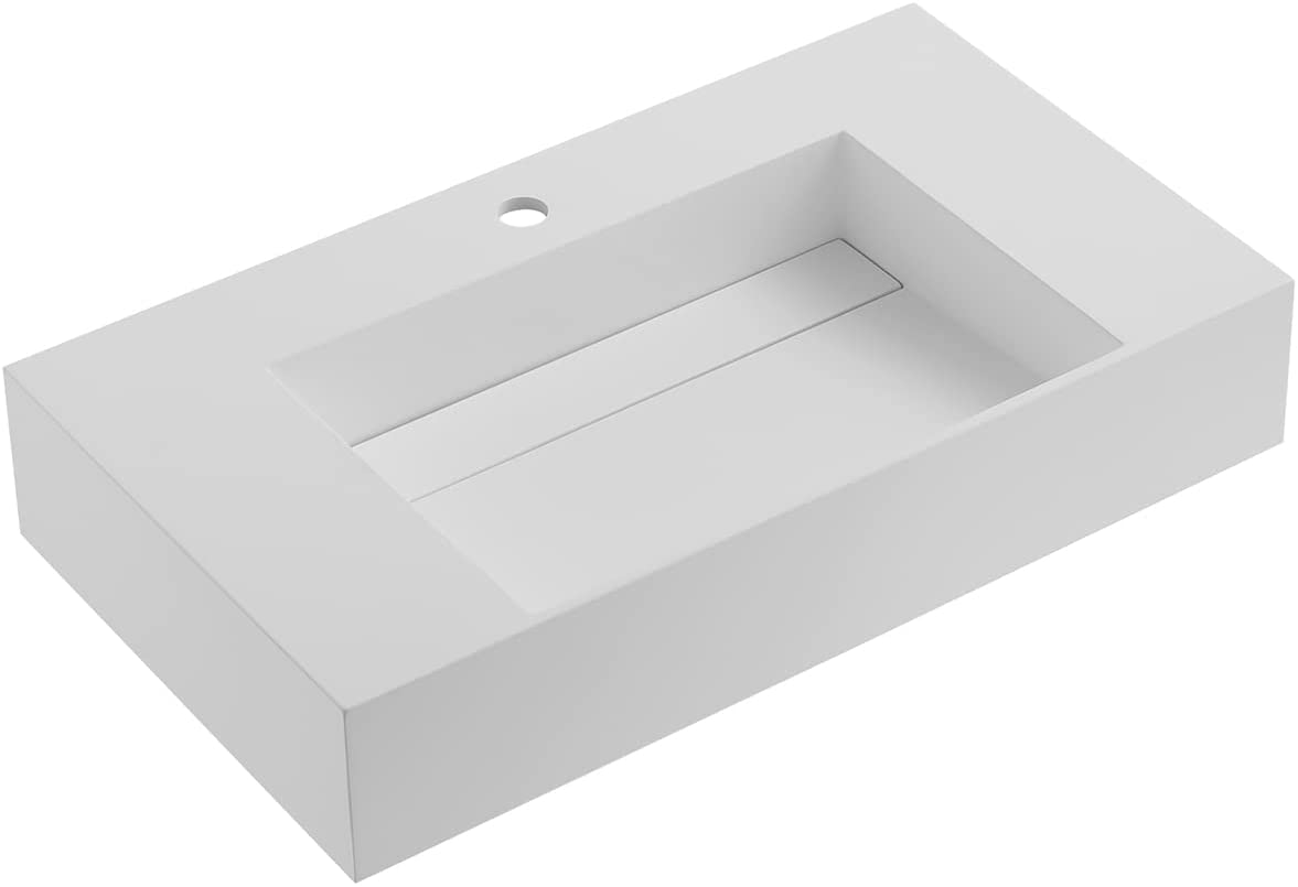 Serene Valley Floating or Countertop Bathroom Sink, Classic Square Sink with Hidden Drain Design, 40" Solid Surface Material in Matte White, SVWS612-40WH-Serene Valley
