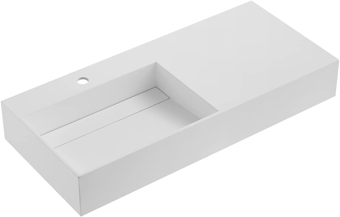 Serene Valley Floating or Countertop Bathroom Sink, Large Square Sink with Hidden Drain, 40" Solid Surface Material in Matte White, SVWS614-40WH-Serene Valley