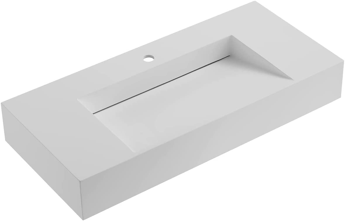 Serene Valley Floating or Countertop Bathroom Sink, Special Wedge with Hidden Drain Design, 40" Solid Surface Material in Matte White, SVWS611-40WH-Serene Valley