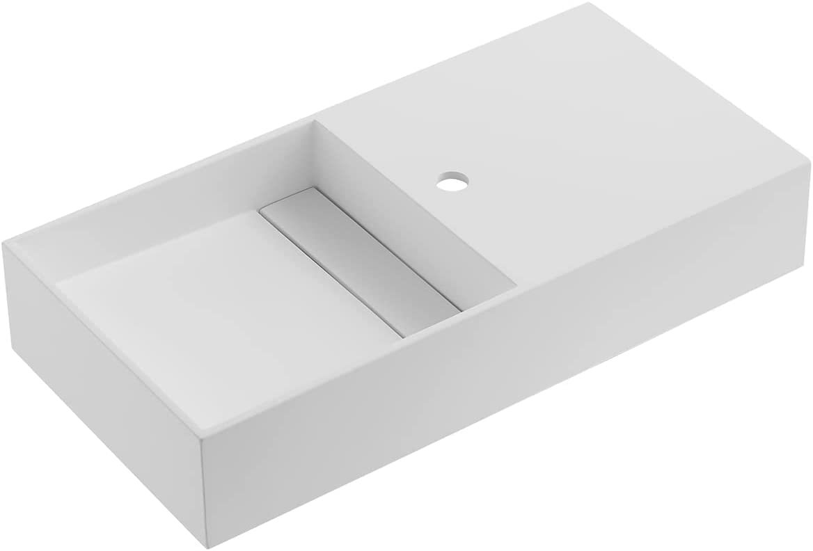 Serene Valley Floating or Countertop Bathroom Sink, Side Faucet with Square Sink and Hidden Drain, 32" Solid Surface Material in Matte White, SVWS613-32WH-Serene Valley