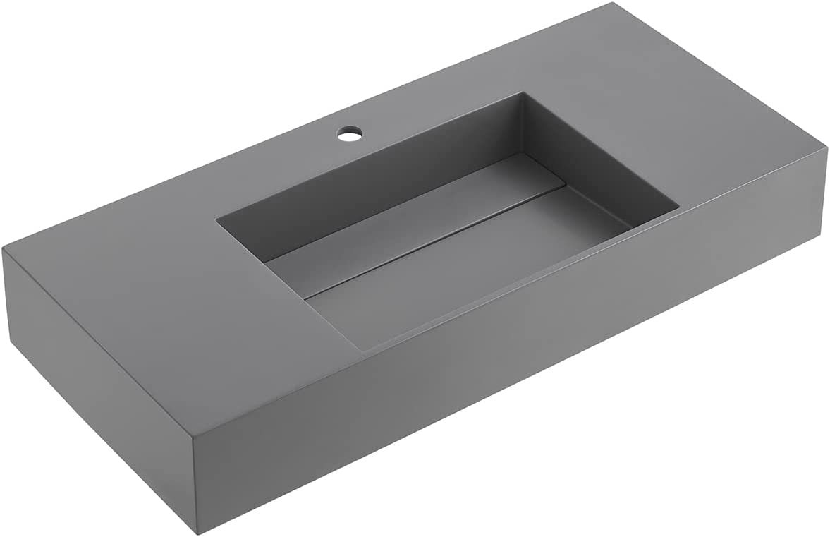 Serene Valley Floating or Countertop Bathroom Sink, Classic Square Sink with Hidden Drain Design, 32" Solid Surface Material in Matte GR, SVWS612-32GR-Serene Valley