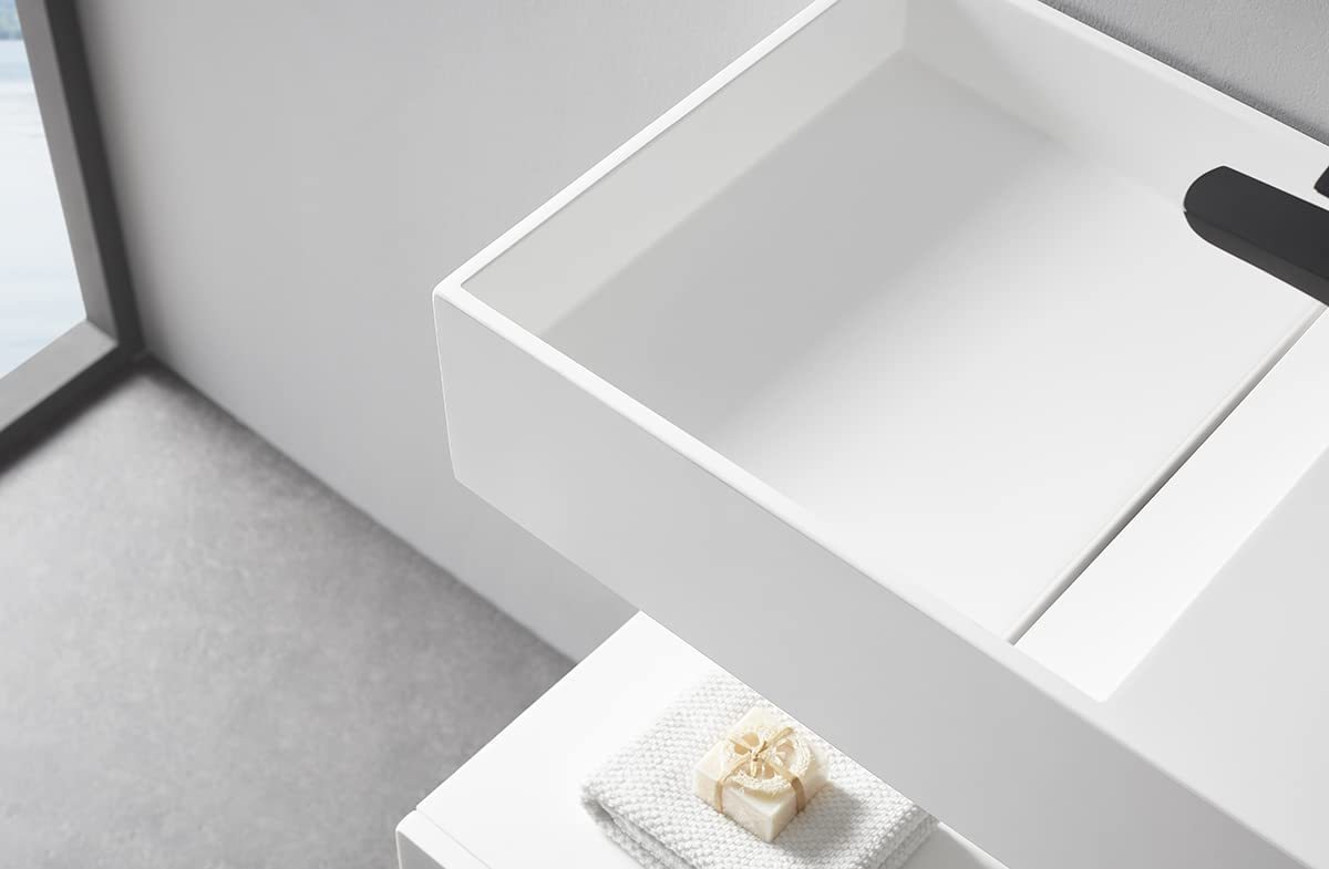 Serene Valley Floating or Countertop Bathroom Sink, Side Faucet with Square Sink and Hidden Drain, 32" Solid Surface Material in Matte White, SVWS613-32WH-Serene Valley