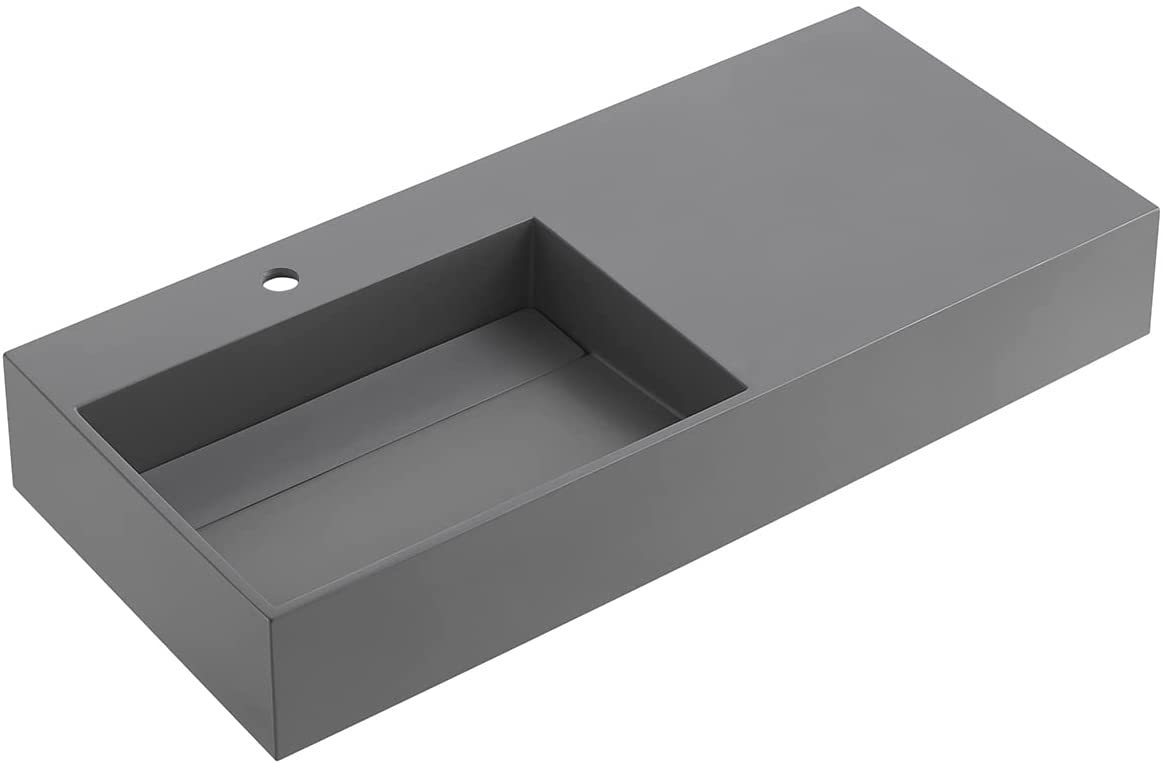 Serene Valley Floating or Countertop Bathroom Sink, Large Square Sink with Hidden Drain, 40" Solid Surface Material in Matte Gray, SVWS614-40GR-Serene Valley