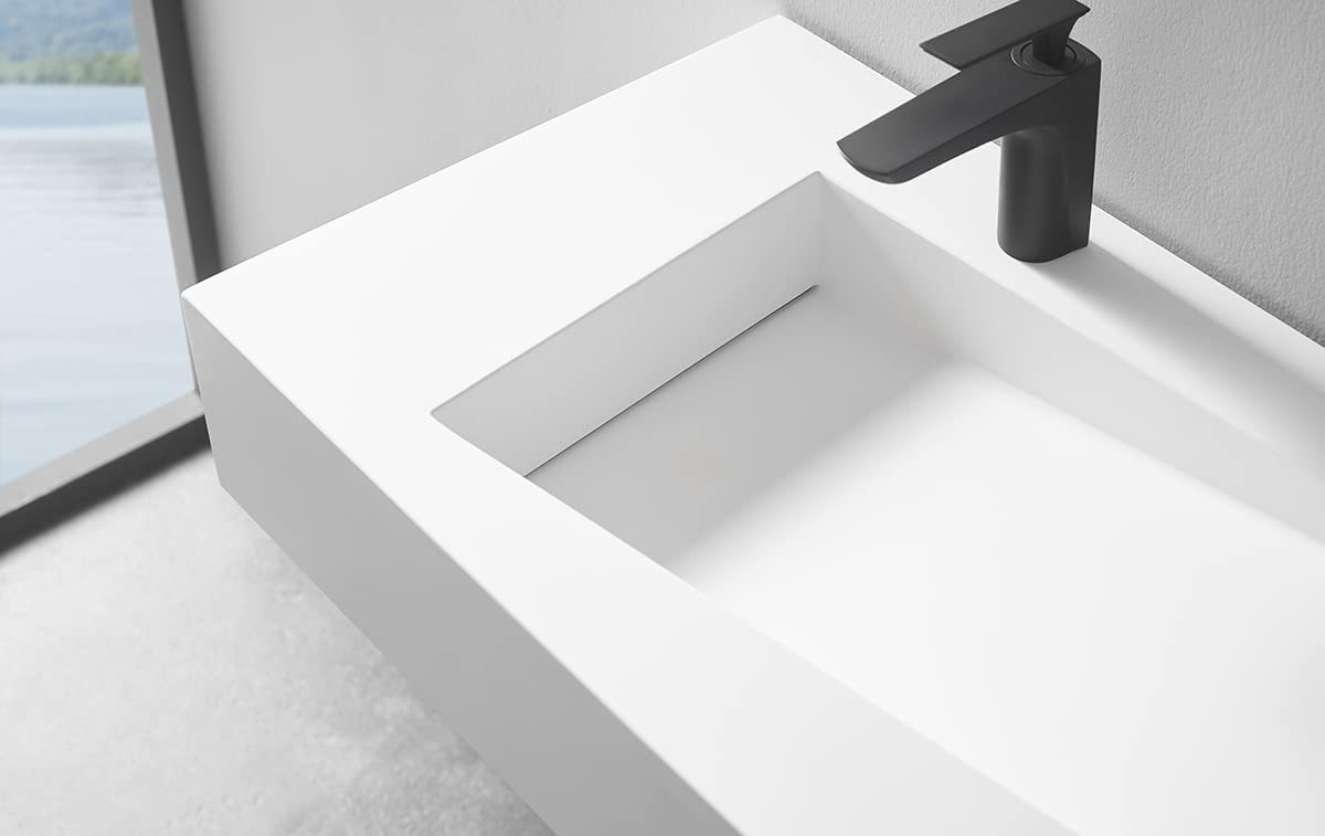 Serene Valley Floating or Countertop Bathroom Sink, Unique Diamond Sink with Hidden Drain, 36" Solid Surface Material in Matte White, SVWS610-36WH-Serene Valley