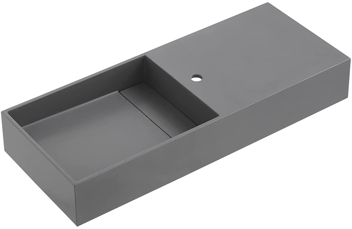 Serene Valley Floating or Countertop Bathroom Sink, Side Faucet with Square Sink and Hidden Drain, 40" Solid Surface Material in Matte Gray, SVWS613-40GR-Serene Valley