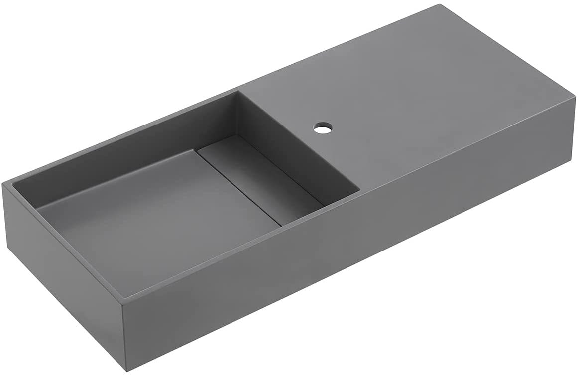 Serene Valley Floating or Countertop Bathroom Sink, Side Faucet with Square Sink and Hidden Drain, 32" Solid Surface Material in Matte Gray, SVWS613-32GR-Serene Valley