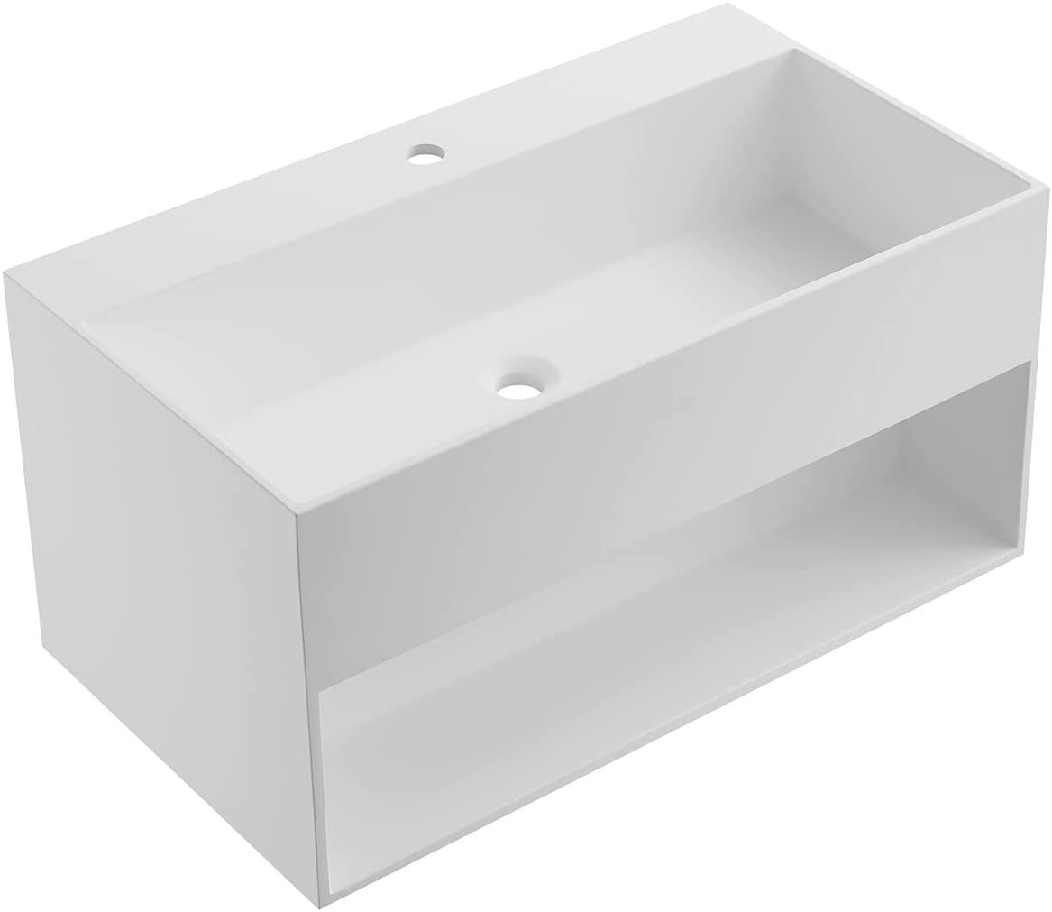 Serene Valley Bathroom Floating Vanity, 32" Wall-Mount Sink with Built-in Towel Space, Solid Surface Material in Matte White, SVWS607-32WH-Serene Valley