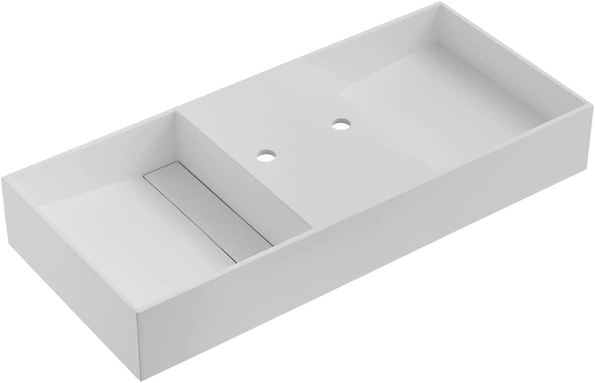 Serene Valley Floating or Countertop Bathroom Double Sink, Two Faucet Holes with Hidden Drain Design, 47" Solid Surface Material in Matte White, SVWS608-47WH-Serene Valley