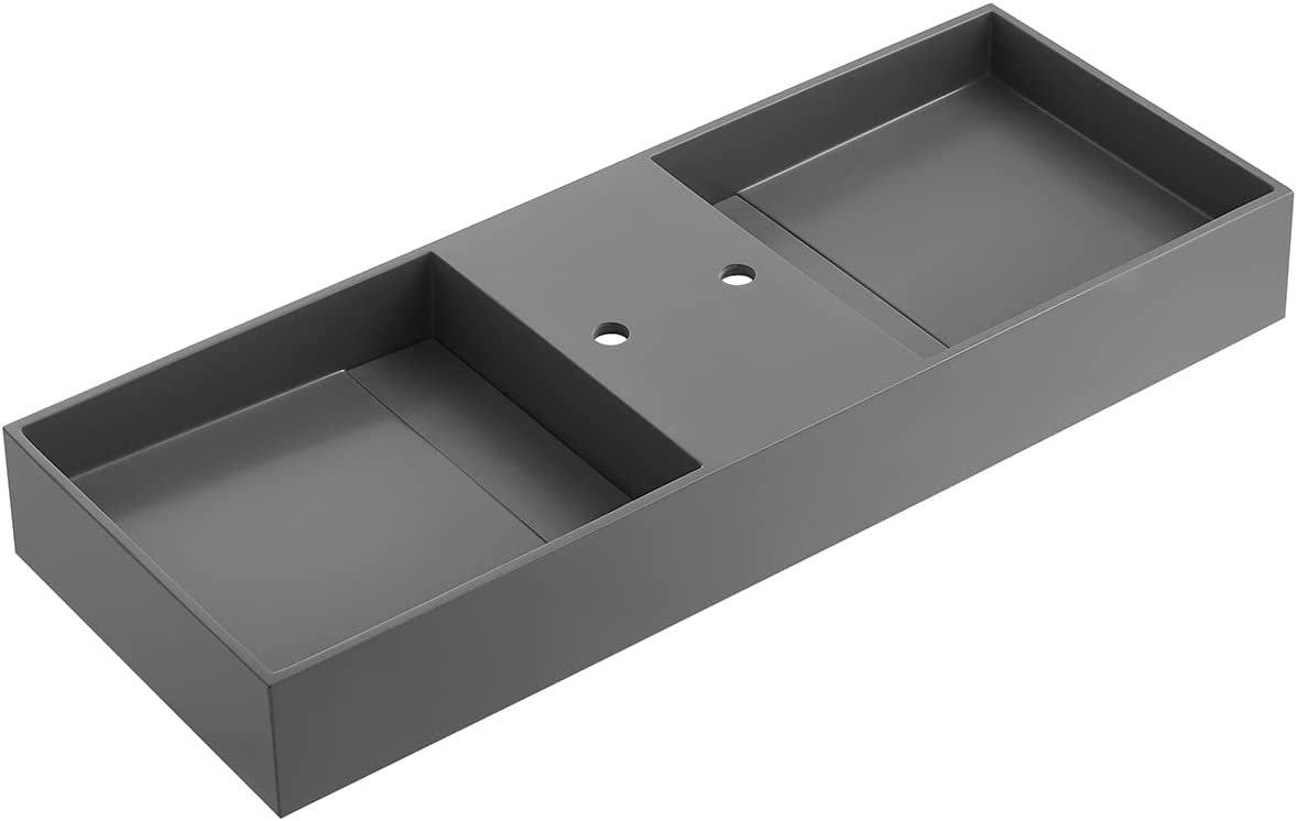 Serene Valley Floating or Countertop Bathroom Double Sink, Two Faucet Holes with Hidden Drain Design, 47" Solid Surface Material in Matte Gray, SVWS608-47GR-Serene Valley