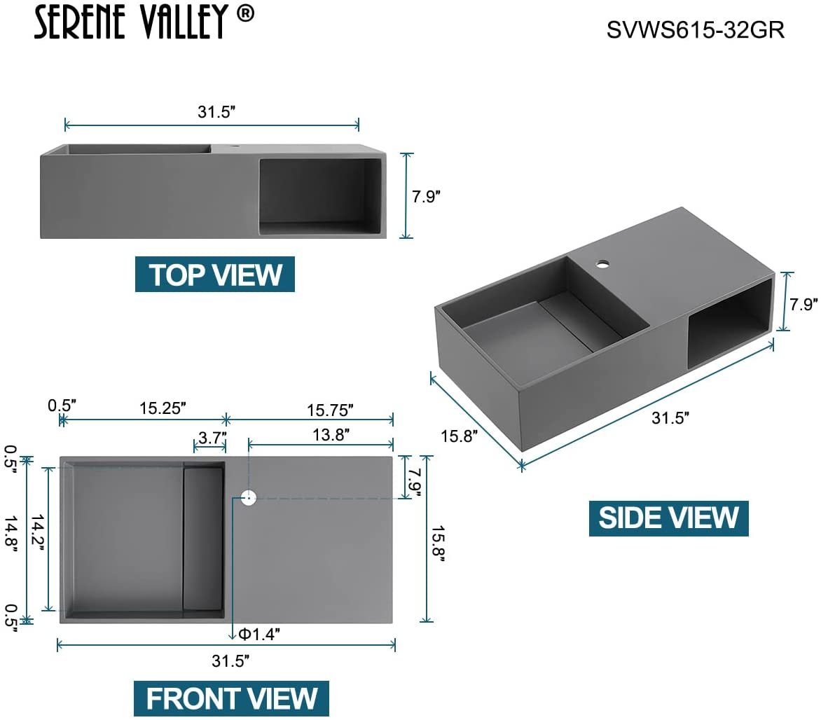 Serene Valley Bathroom Floating Vanity, 32" Wall-Mount Sink with Side Faucet and Storage Space, Solid Surface Material in Matte Gray, SVWS615-32GR-Serene Valley