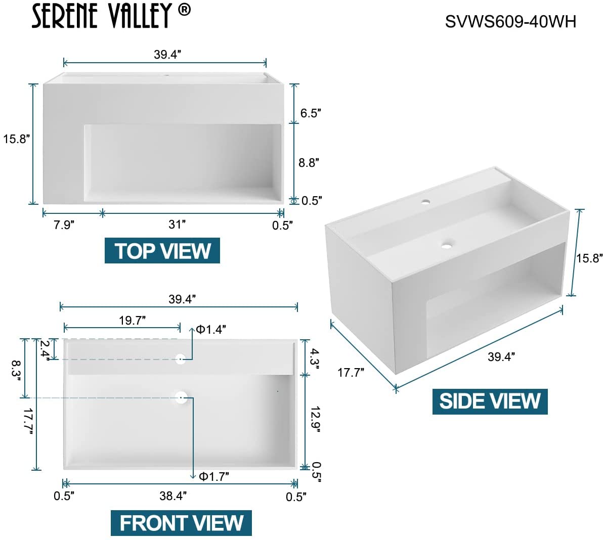 Serene Valley Bathroom Floating Vanity, 40" Wall-Mount Sink with Large Storage Space and Pop-Up Strainer, Solid Surface Material in Matte White, SVWS609-40WH-Serene Valley
