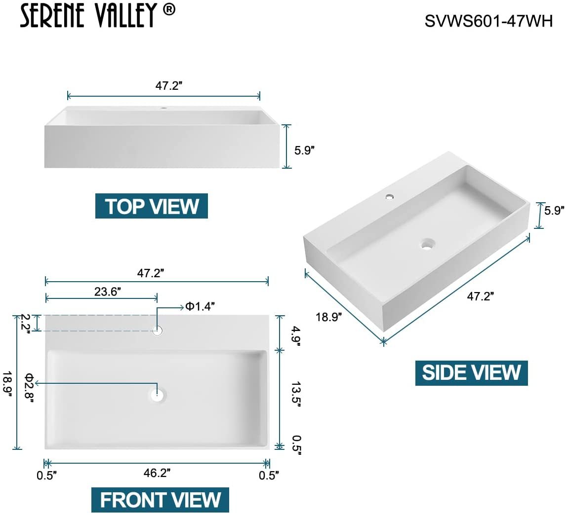 Serene Valley Bathroom Sink, Wall-Mount Install or On Countertop, 47" with Single Faucet Hole, Solid Surface Material for Max Elegance-Serene Valley