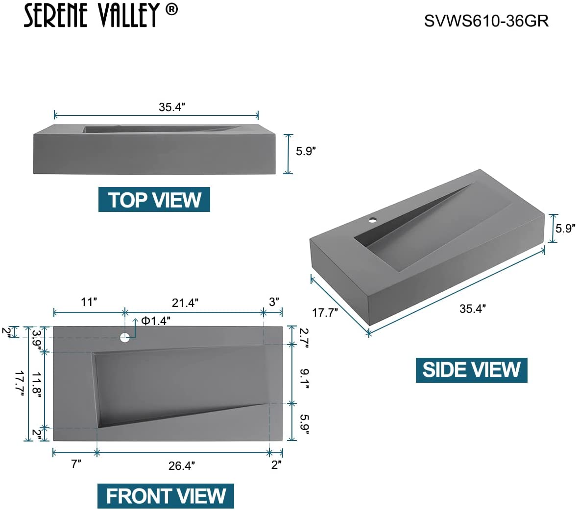Serene Valley Floating or Countertop Bathroom Sink, Unique Diamond Sink with Hidden Drain, 36" Solid Surface Material in Matte Gray, SVWS610-36GR-Serene Valley