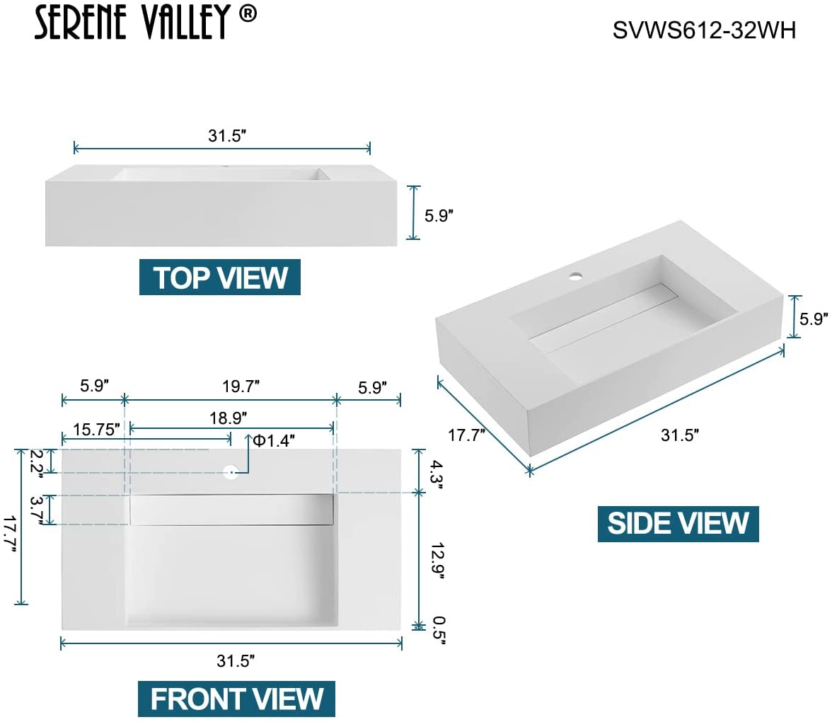 Serene Valley Floating or Countertop Bathroom Sink, Classic Square Sink with Hidden Drain Design, 32" Solid Surface Material in Matte White, SVWS612-32WH-Serene Valley