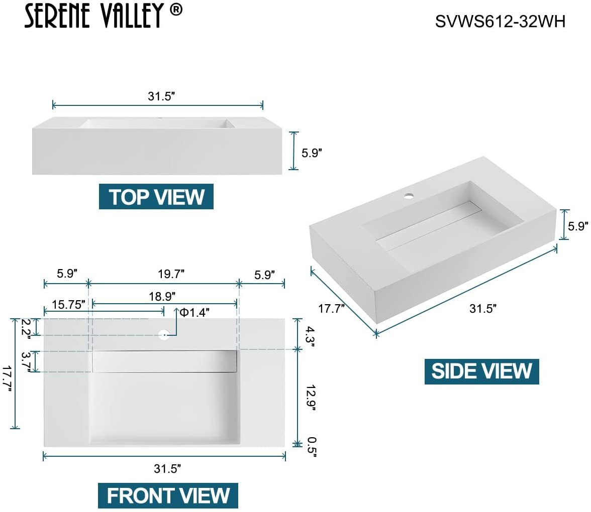 Serene Valley Floating or Countertop Bathroom Sink, Classic Square Sink with Hidden Drain Design, 32" Solid Surface Material in Matte White, SVWS612-32WH-Serene Valley
