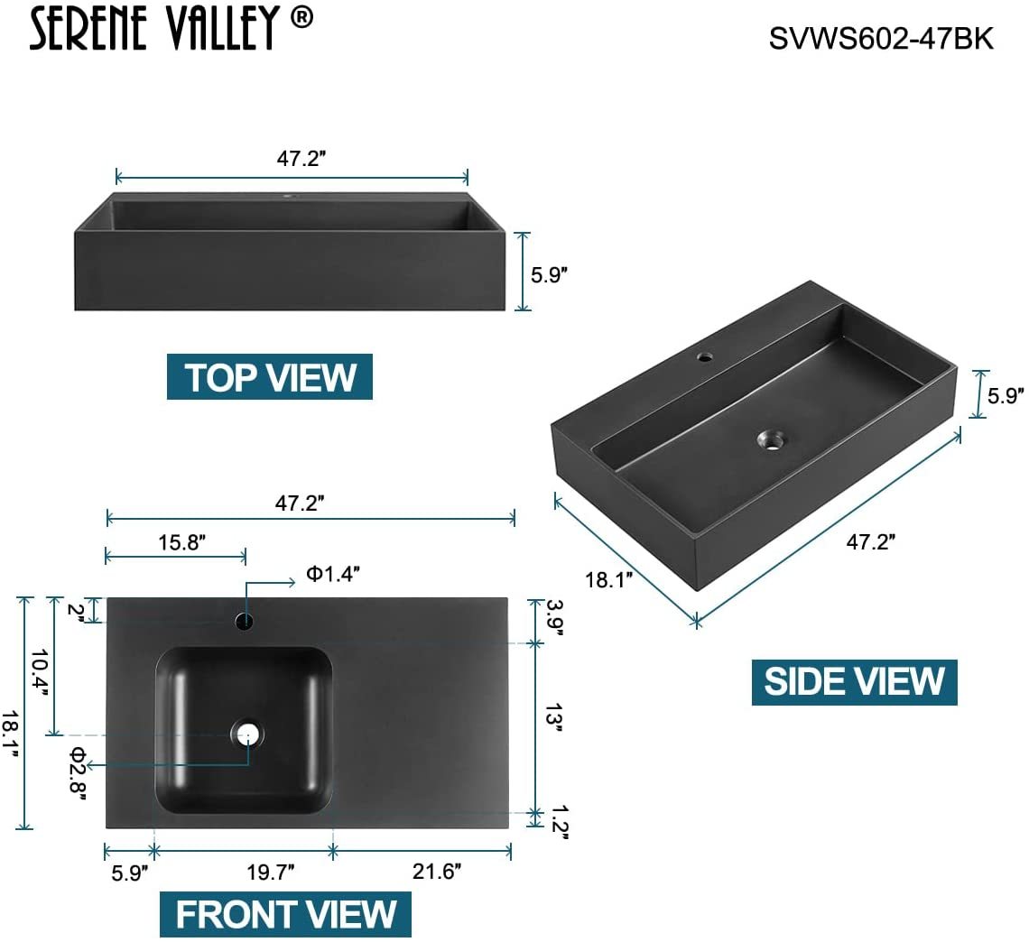 Serene Valley Bathroom Sink, Wall-Mount or On Countertop, 47" with Square Sink and Flat Space, Single Faucet Hole, Premium Granite Material in Matte Black-Serene Valley