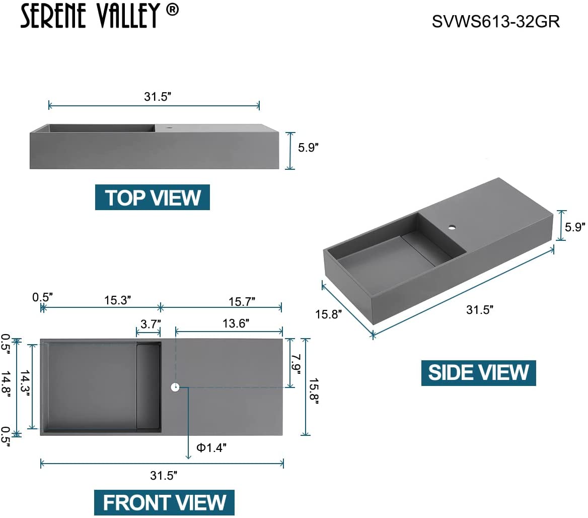 Serene Valley Floating or Countertop Bathroom Sink, Side Faucet with Square Sink and Hidden Drain, 32" Solid Surface Material in Matte Gray, SVWS613-32GR-Serene Valley