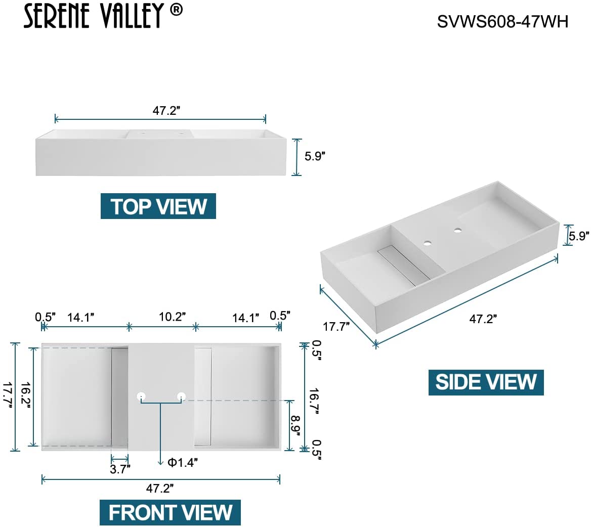 Serene Valley Floating or Countertop Bathroom Double Sink, Two Faucet Holes with Hidden Drain Design, 47" Solid Surface Material in Matte White, SVWS608-47WH-Serene Valley
