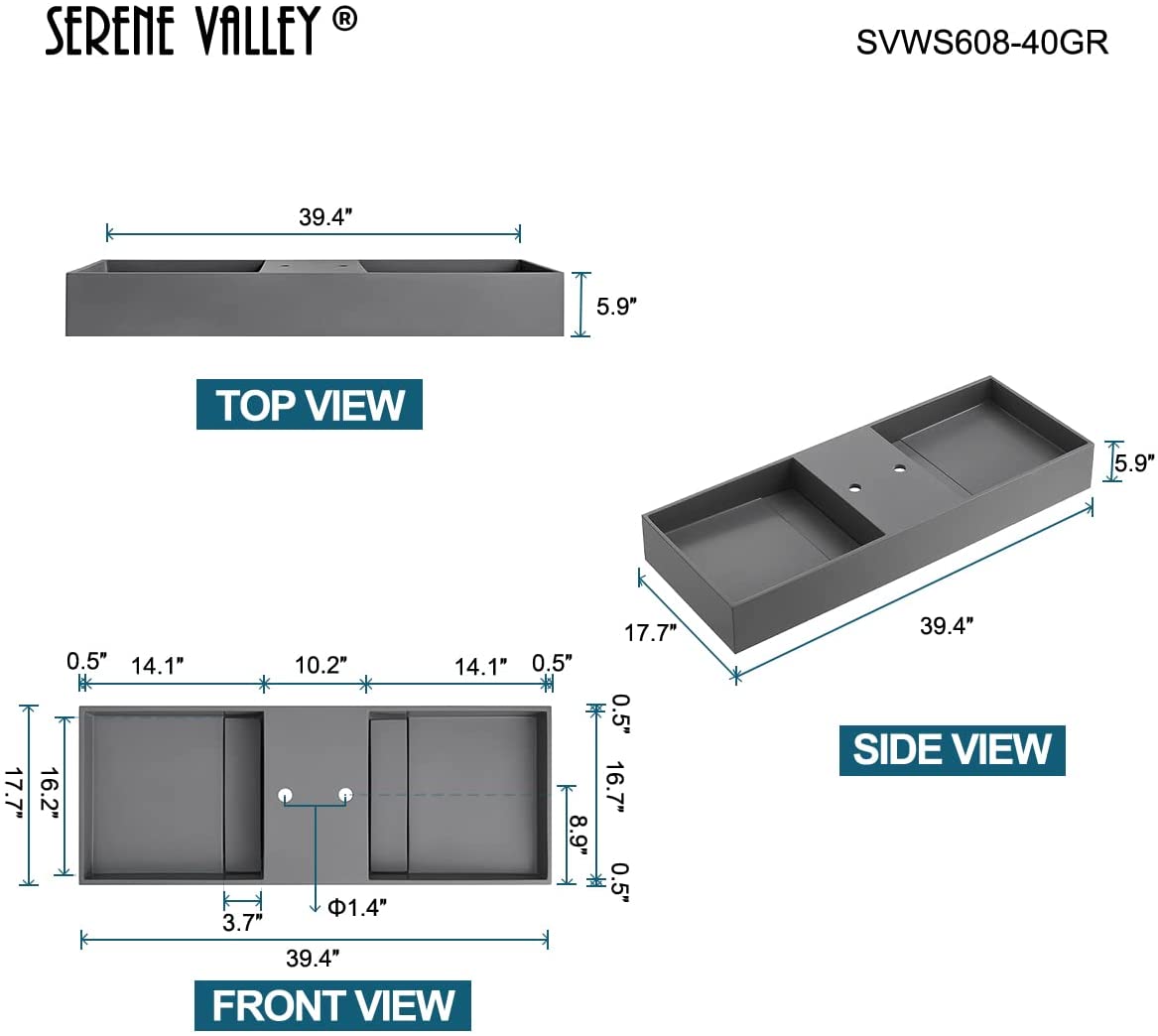 Serene Valley Floating or Countertop Bathroom Double Sink, Two Faucet Holes with Hidden Drain Design, 40" Solid Surface Material in Matte Gray, SVWS608-40GR-Serene Valley