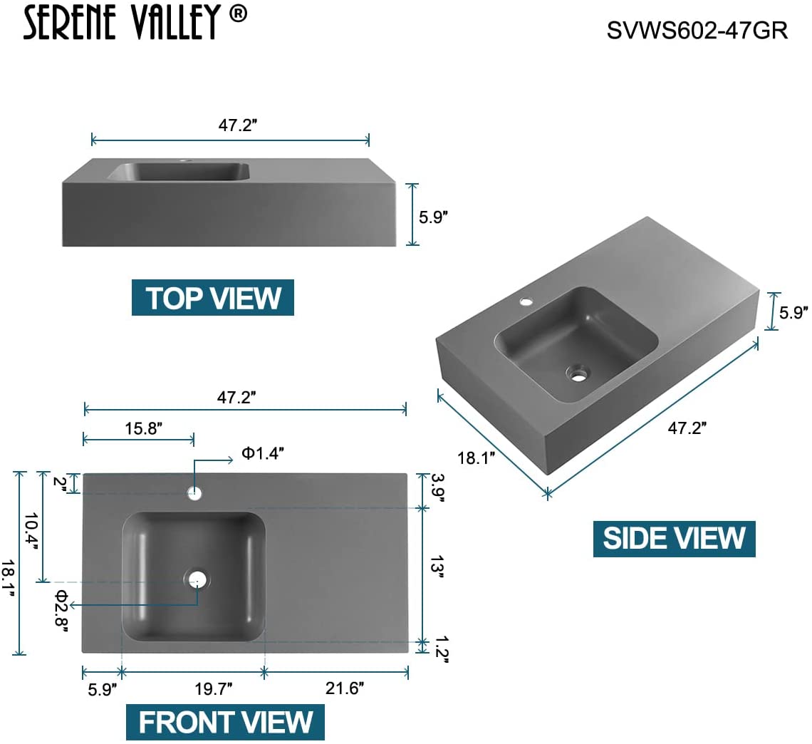 Serene Valley Bathroom Sink, Wall-Mount or On Countertop, 47" with Square Sink and Flat Space, Single Faucet Hole, Premium Granite Material in Gray-Serene Valley