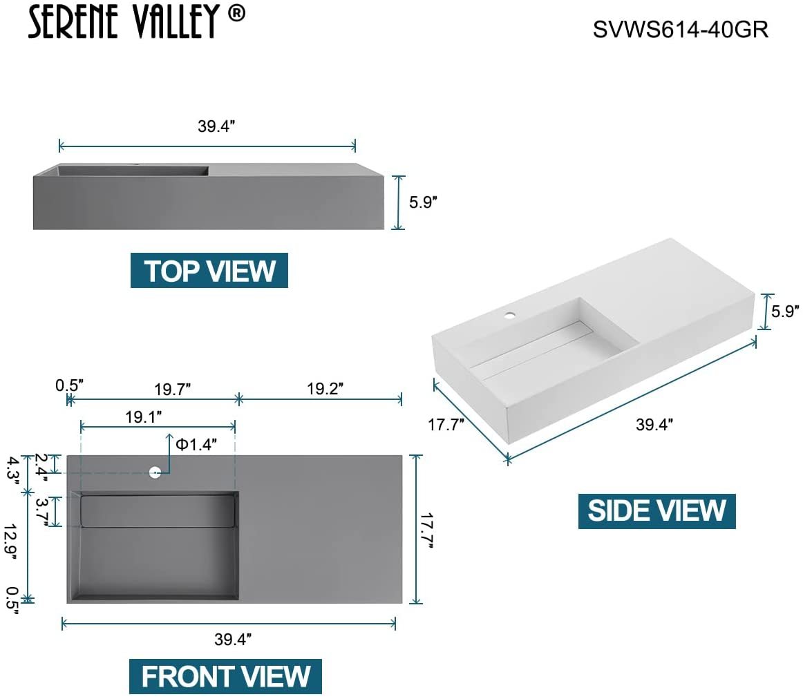 Serene Valley Floating or Countertop Bathroom Sink, Large Square Sink with Hidden Drain, 40" Solid Surface Material in Matte Gray, SVWS614-40GR-Serene Valley