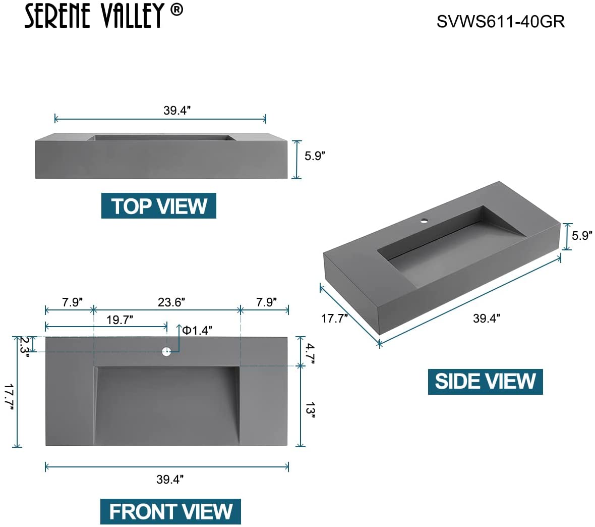 Serene Valley Floating or Countertop Bathroom Sink, Special Wedge with Hidden Drain Design, 40" Solid Surface Material in Matte Gray, SVWS611-40GR-Serene Valley