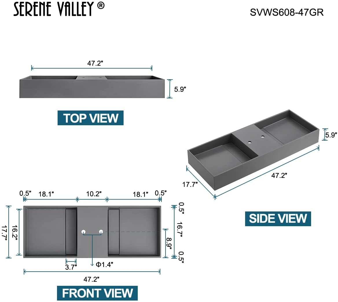 Serene Valley Floating or Countertop Bathroom Double Sink, Two Faucet Holes with Hidden Drain Design, 47" Solid Surface Material in Matte Gray, SVWS608-47GR-Serene Valley