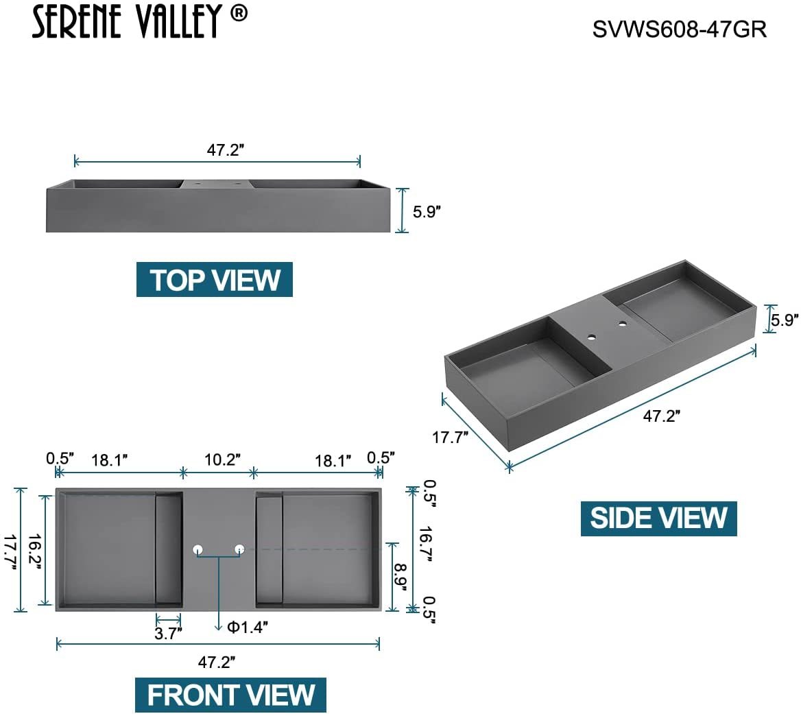 Serene Valley Floating or Countertop Bathroom Double Sink, Two Faucet Holes with Hidden Drain Design, 47" Solid Surface Material in Matte Gray, SVWS608-47GR-Serene Valley