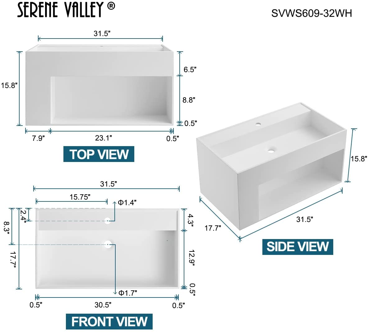 Serene Valley Bathroom Floating Vanity, 32" Wall-Mount Sink with Large Storage Space and Pop-up Strainer, Solid Surface Material in Matte White, SVWS609-32WH-Serene Valley