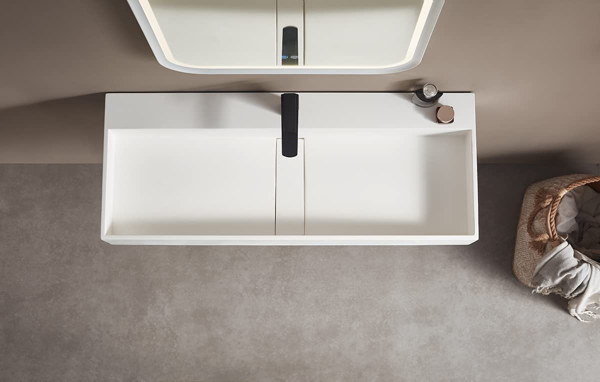 Serene Valley 47" Floating or Countertop Bathroom Sink, Double Faucet Holes with Hidden Drain, Solid Surface Material in Matte White, SVWS605-47WH-Serene Valley