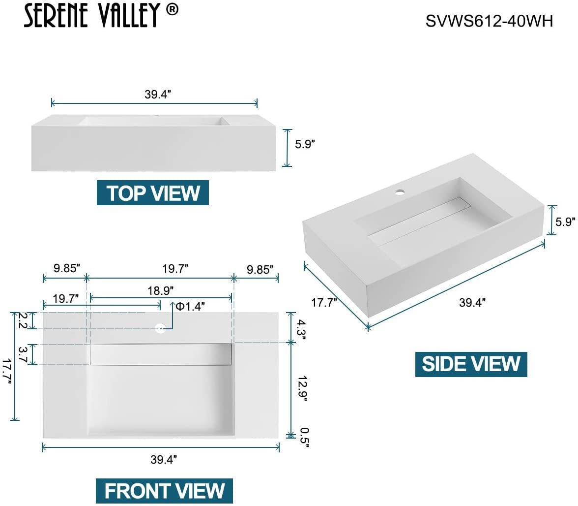 Serene Valley Floating or Countertop Bathroom Sink, Classic Square Sink with Hidden Drain Design, 40" Solid Surface Material in Matte White, SVWS612-40WH-Serene Valley