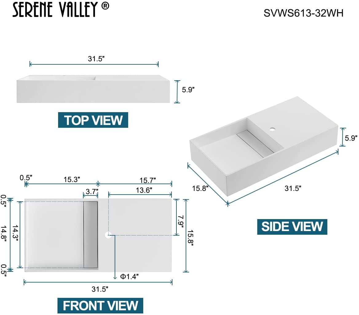 Serene Valley Floating or Countertop Bathroom Sink, Side Faucet with Square Sink and Hidden Drain, 32" Solid Surface Material in Matte White, SVWS613-32WH-Serene Valley