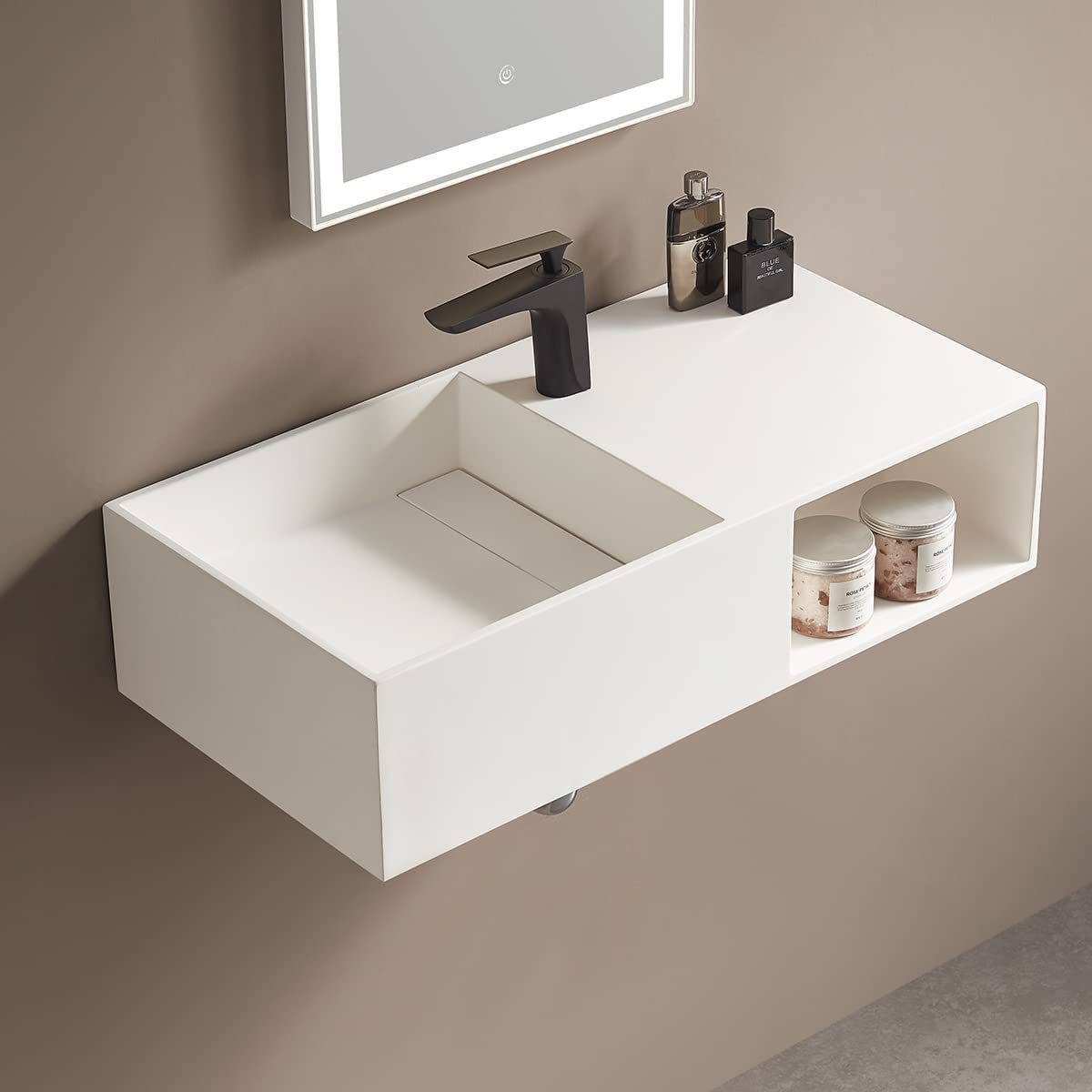 Serene Valley Bathroom Floating Vanity, 32" Wall-Mount Sink with Side Faucet and Storage Space, Solid Surface Material in Matte White, SVWS615-32WH-Serene Valley