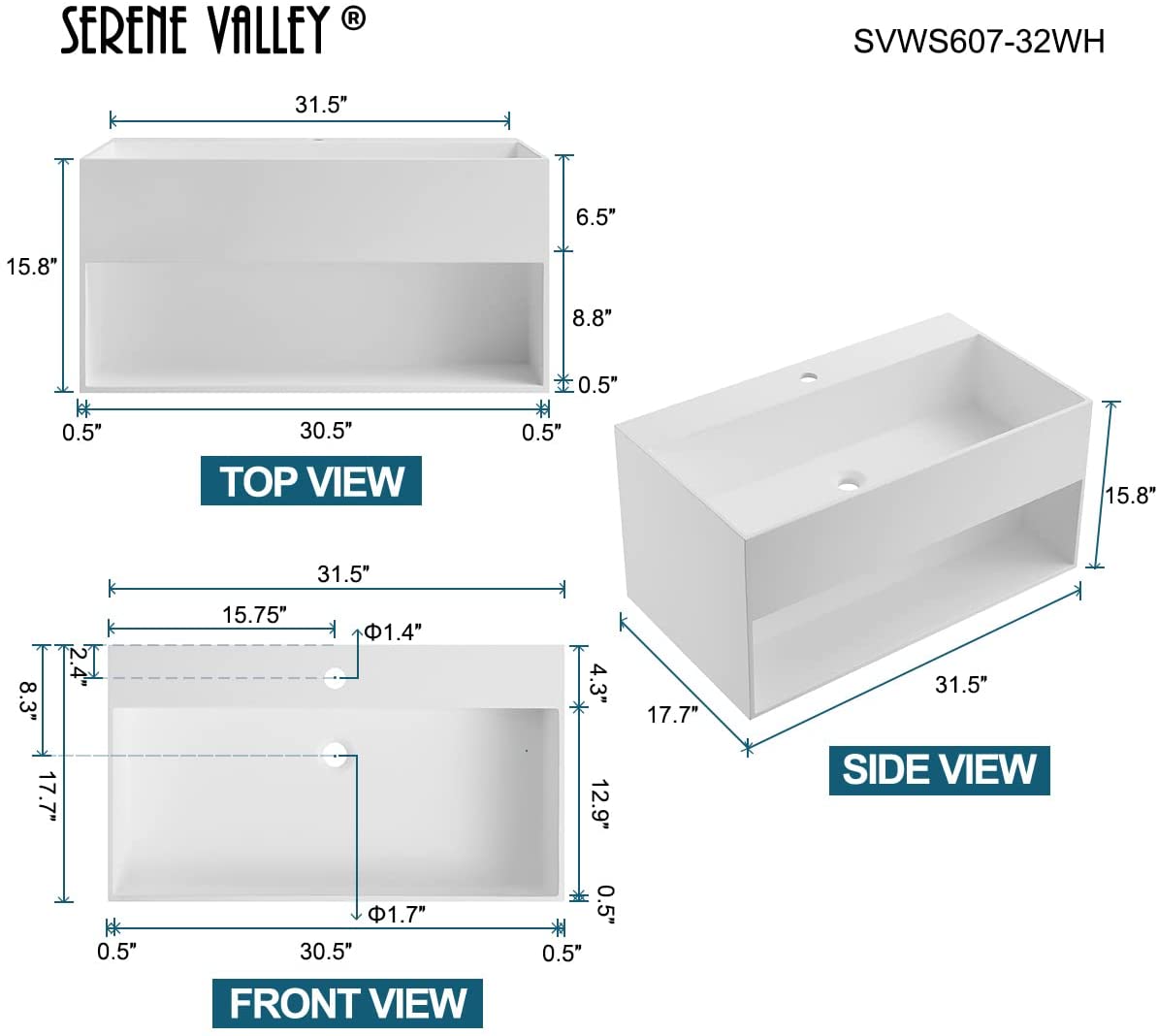 Serene Valley Bathroom Floating Vanity, 32" Wall-Mount Sink with Built-in Towel Space, Solid Surface Material in Matte White, SVWS607-32WH-Serene Valley