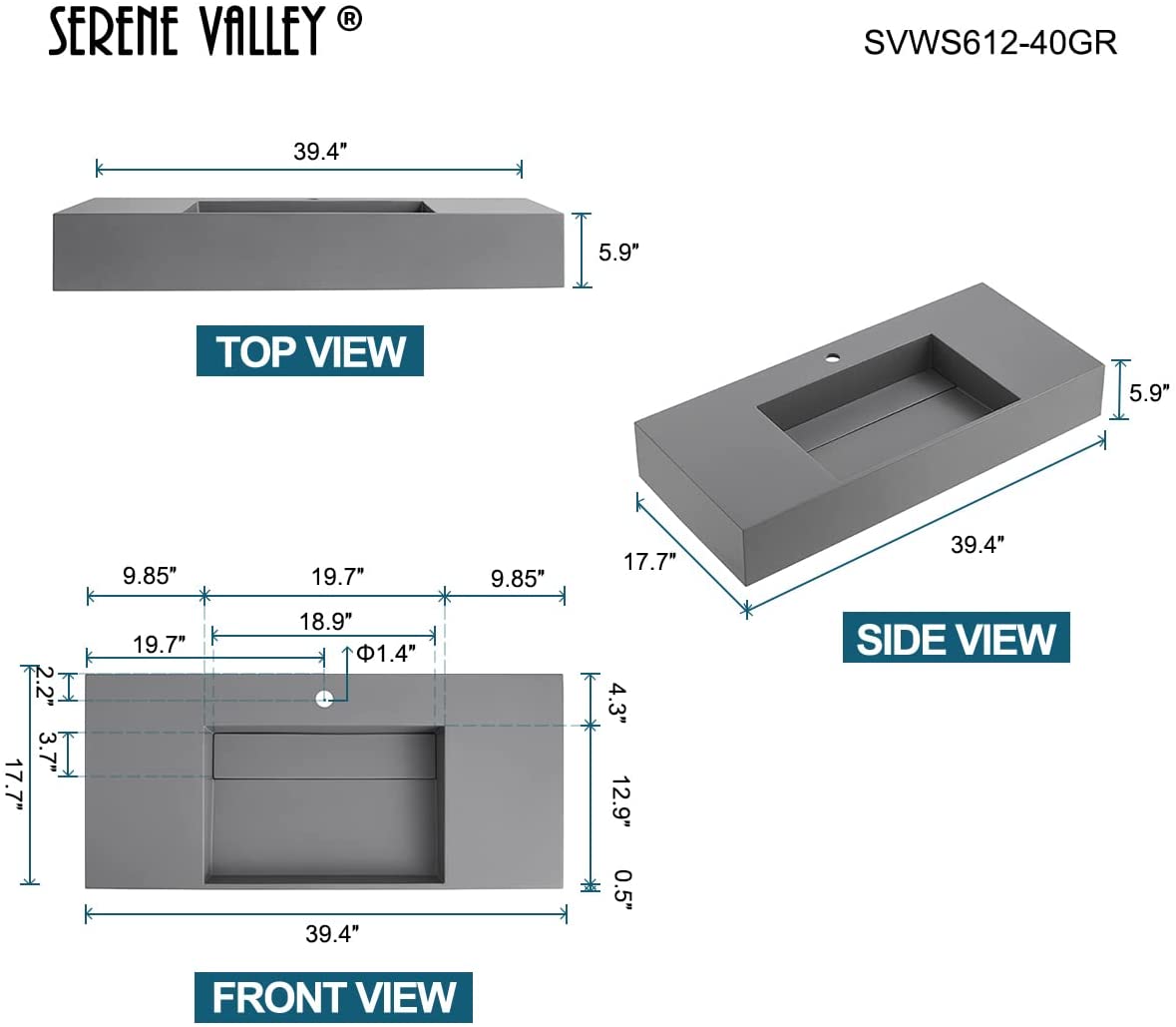 Serene Valley Floating or Countertop Bathroom Sink, Classic Square Sink with Hidden Drain Design, 40" Solid Surface Material in Matte GR, SVWS612-40GR-Serene Valley