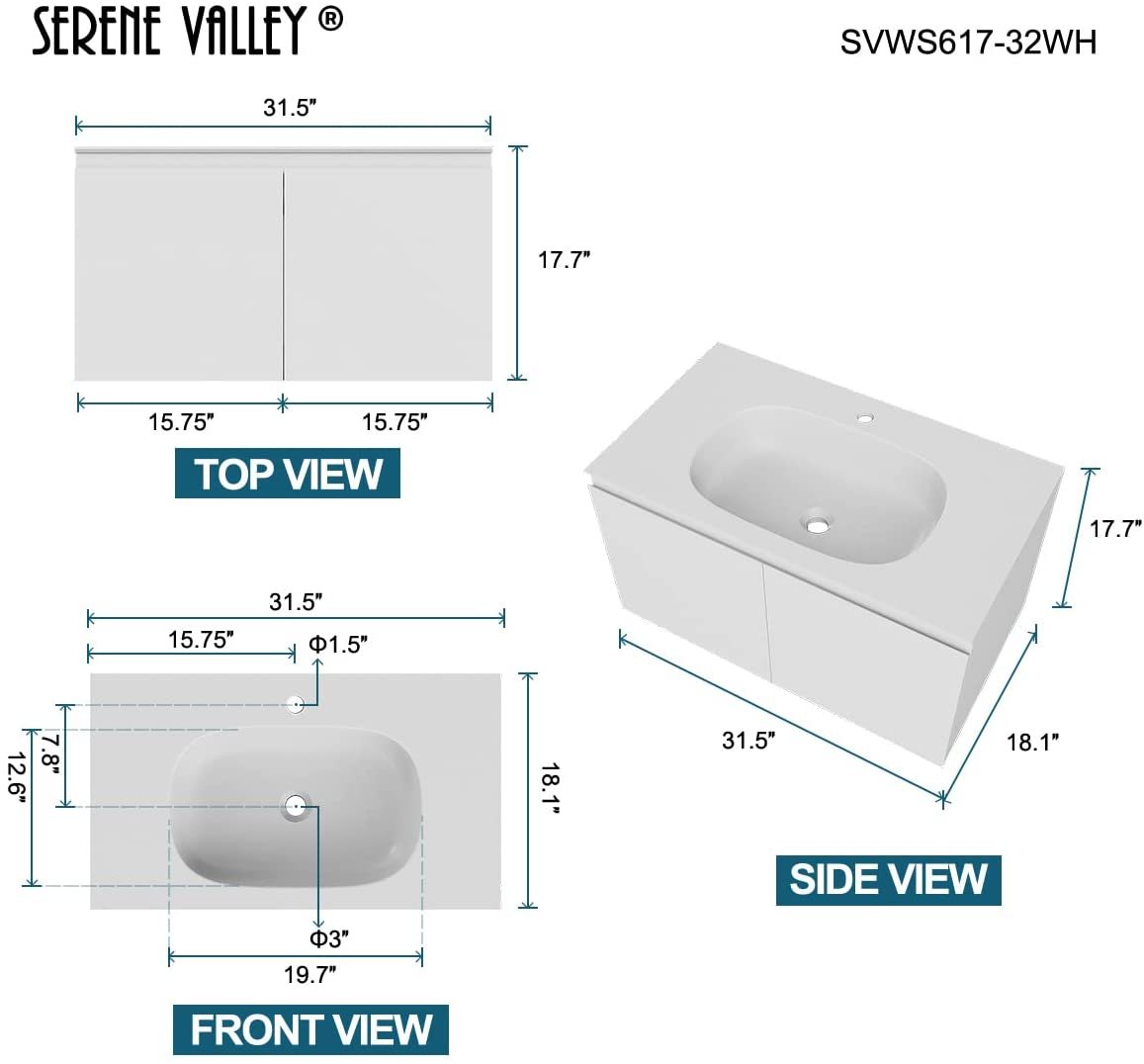 Serene Valley Bathroom Floating Vanity with Hinged Cabinet, Square Sink Bowl with Matching Pop-Up Strainer, 32" Solid Surface Material in Matte White, SVWS617-32WH-Serene Valley