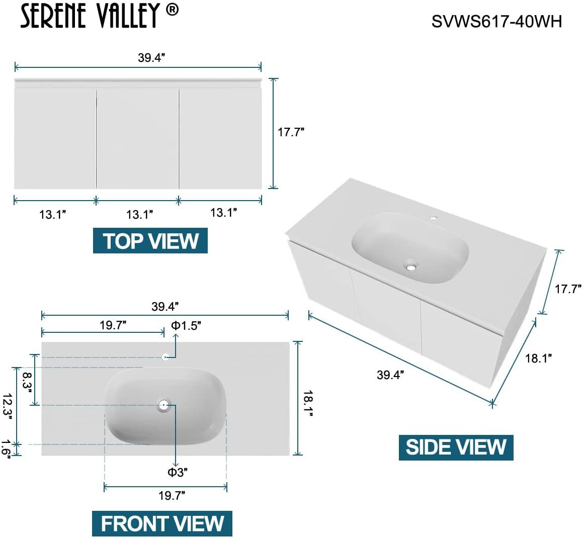 Serene Valley Bathroom Floating Vanity with Hinged Cabinet, Square Sink Bowl with Matching Pop-Up Strainer, 40" Solid Surface Material in Matte White, SVWS617-40WH-Serene Valley
