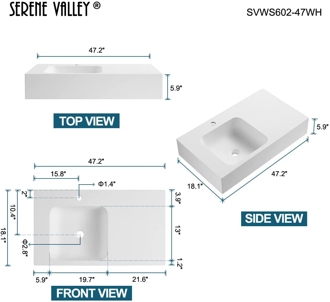 Serene Valley Bathroom Sink, Wall-Mount or On Countertop, 47" with Square Sink and Flat Space, Single Faucet Hole, Solid Surface Material in Matte White-Serene Valley